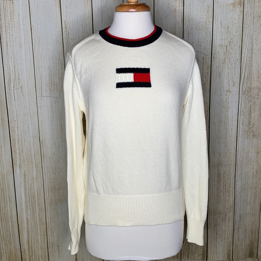 Tommy Hilfiger White Y2K Logo Sweater Large